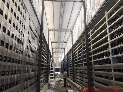 A large-scale cryptocurrency mining farm with rows of ASIC miners.