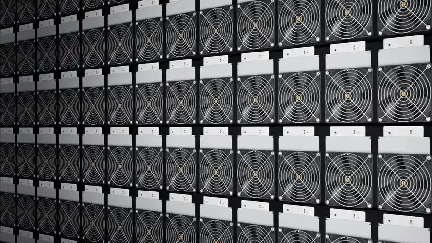 A vast mining farm with multiple rows of mining rigs efficiently operating